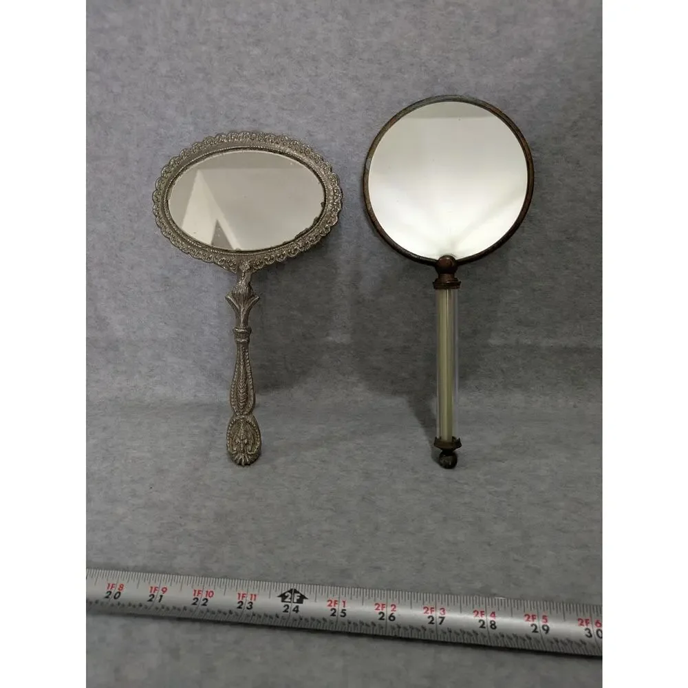Antique French Sevres Hand Painted Hand Mirror & Silver Plated Vanity Mirror VTG